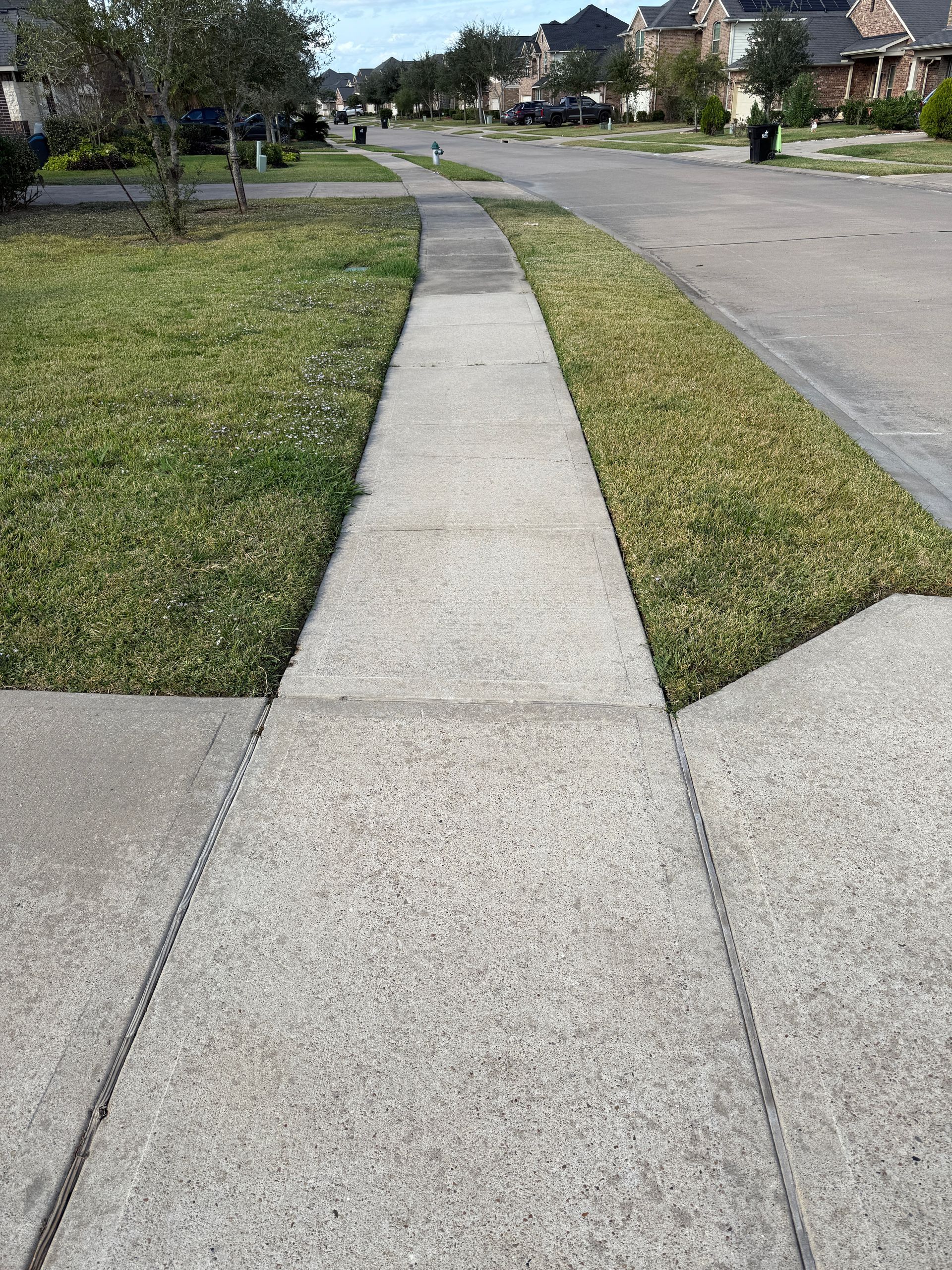 Concrete sidewalk bordered by grass, leading down a residential street.
