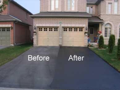 A before and after picture of a driveway in front of a house.