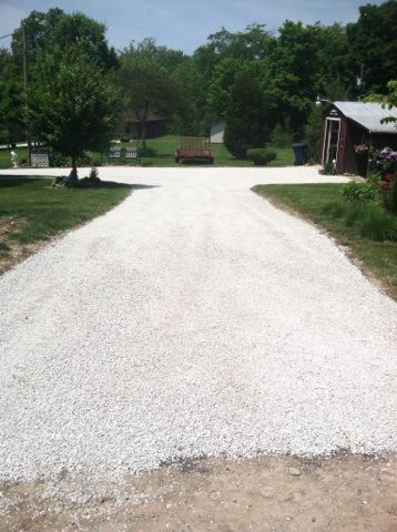 A gravel driveway leading to a house with a barn in the background