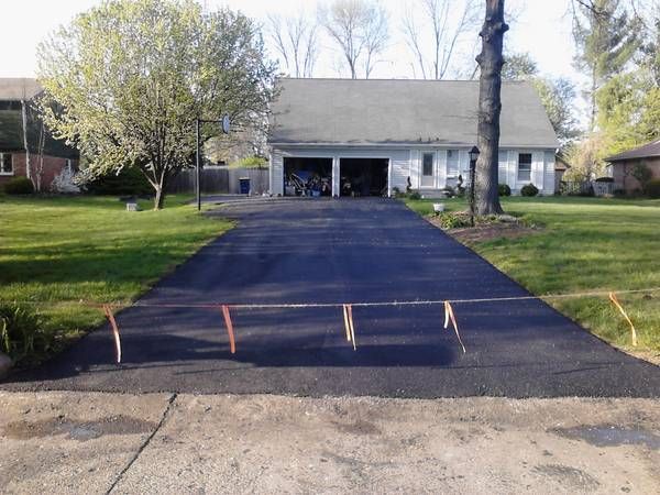 A driveway leading to a house with a garage