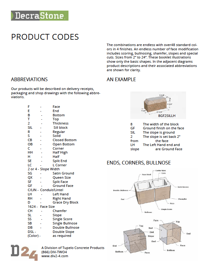 product codes for DecraStone architectural CMU's