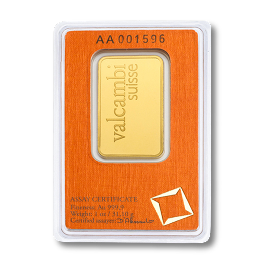 A gold bar from valcambi suisse is in a card.