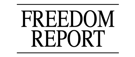 The logo for the freedom report is black and white.