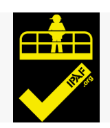 Yellow worker icon behind a railing with a large yellow checkmark and “IPAF” label on black background