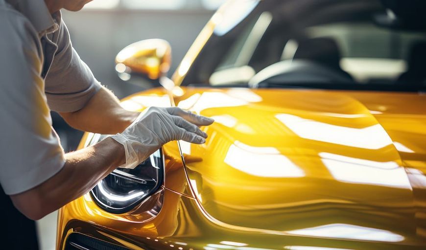 Persona con i guanti che tocca il cofano giallo e lucido di un'auto all'interno di un'officina.
