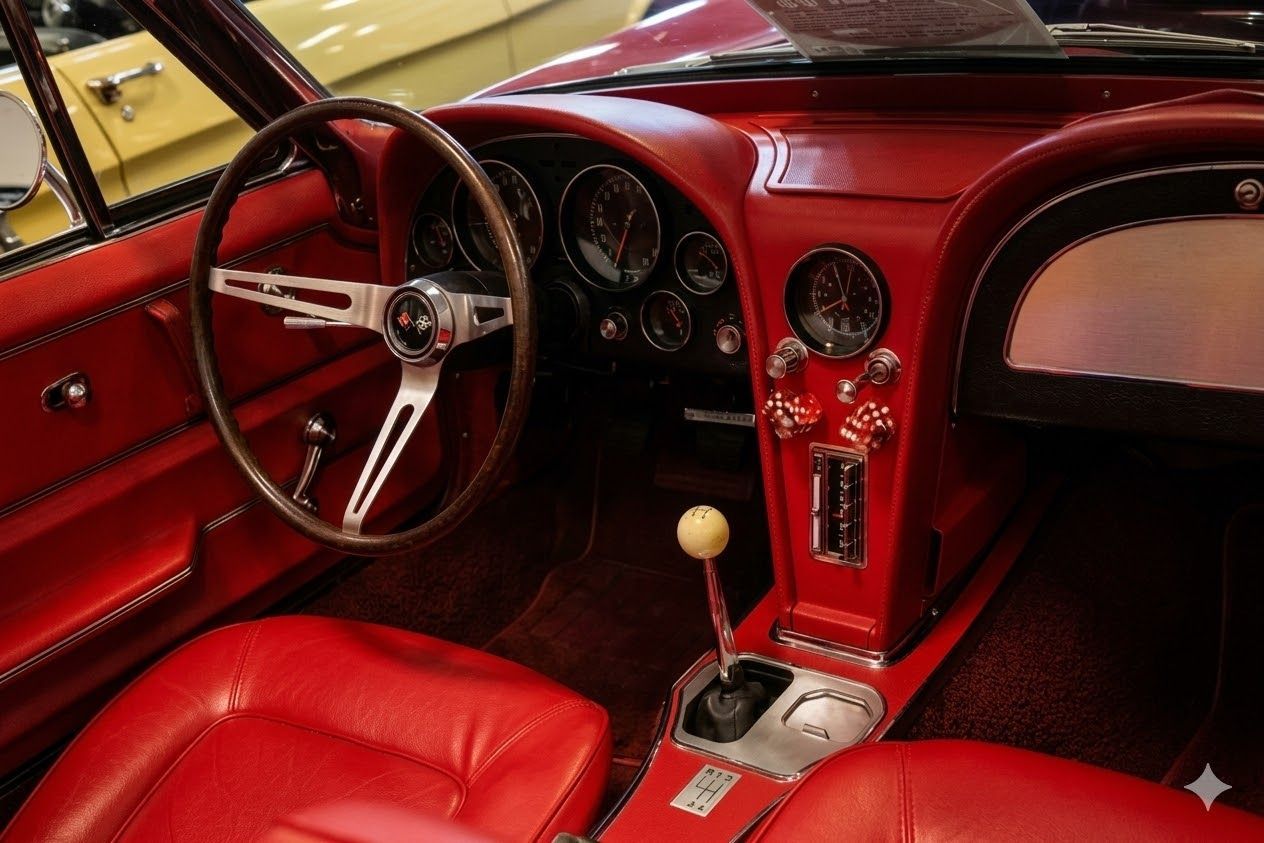 Interni di un'auto rossa con volante, indicatori, cambio e sedili in pelle rossa.