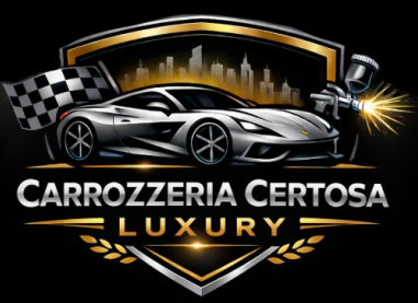Logo per Carrozzeria Certosa Luxury. Auto sportiva argento, bandiera a scacchi, pistola a spruzzo con scintille, design oro e nero.