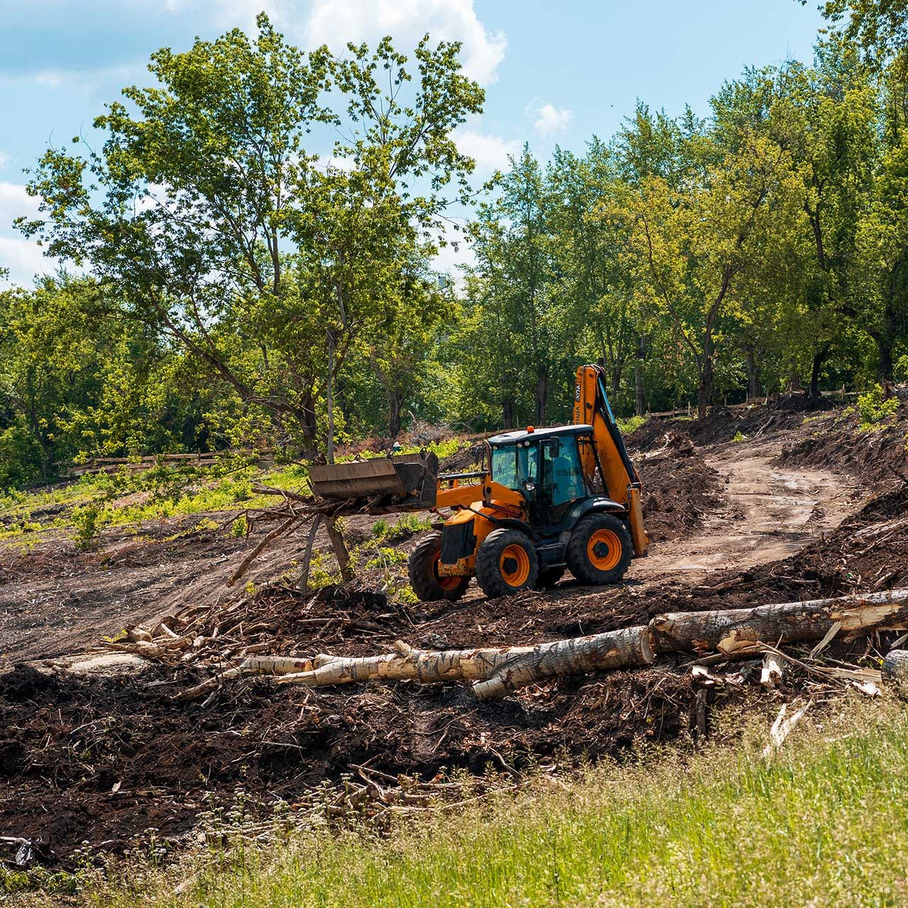 
yellow tractor is working on cleaning