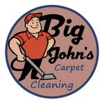 Big John in red shirt and cap with a carpet cleaner, "Big John's Carpet Cleaning".