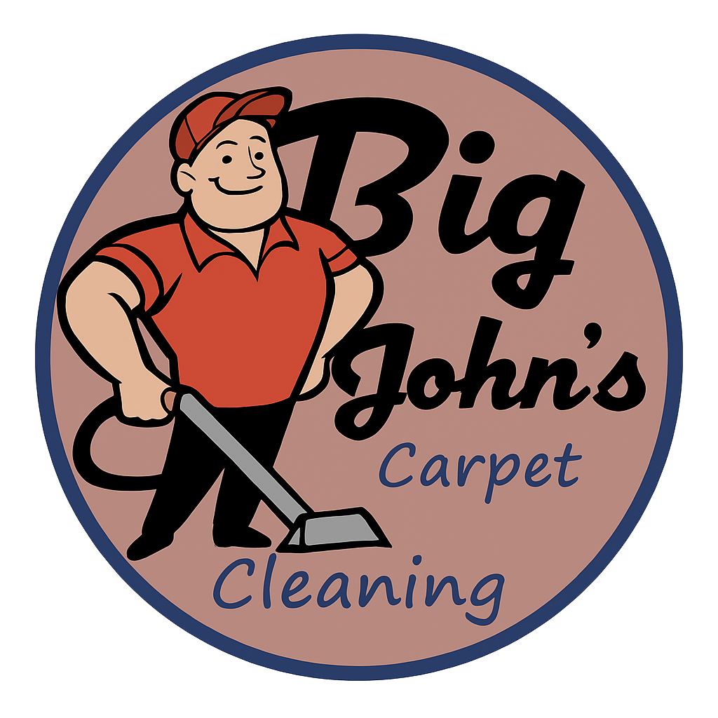 Big John in red shirt and cap with a carpet cleaner, "Big John's Carpet Cleaning".
