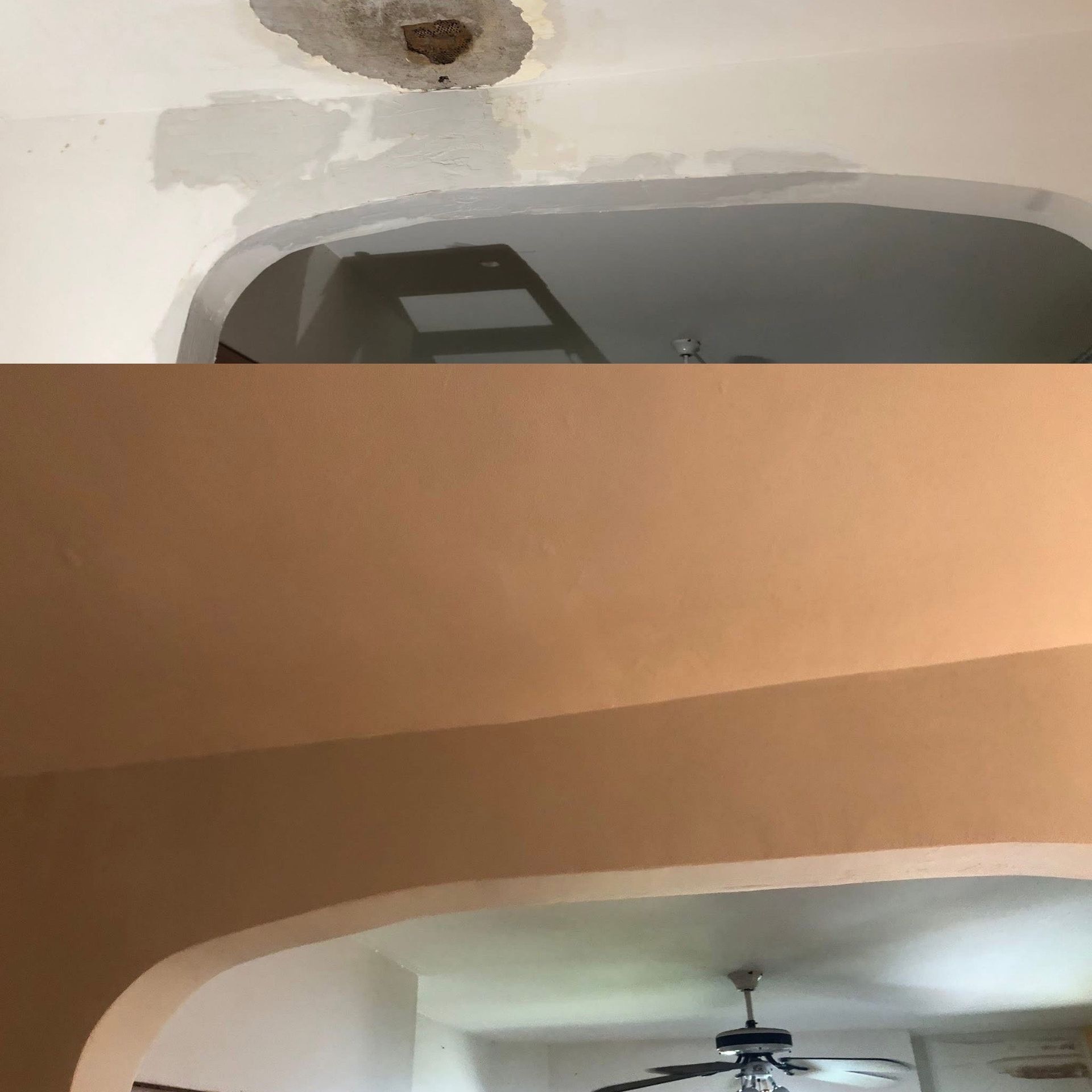 Before and after of a doorway repair: patching and painting an arched ceiling and wall.