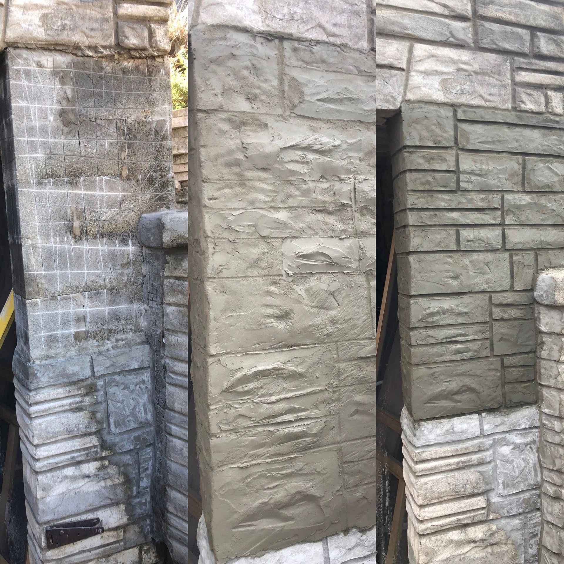 Stone columns in varying stages of completion, with visible mortar and different stone patterns.