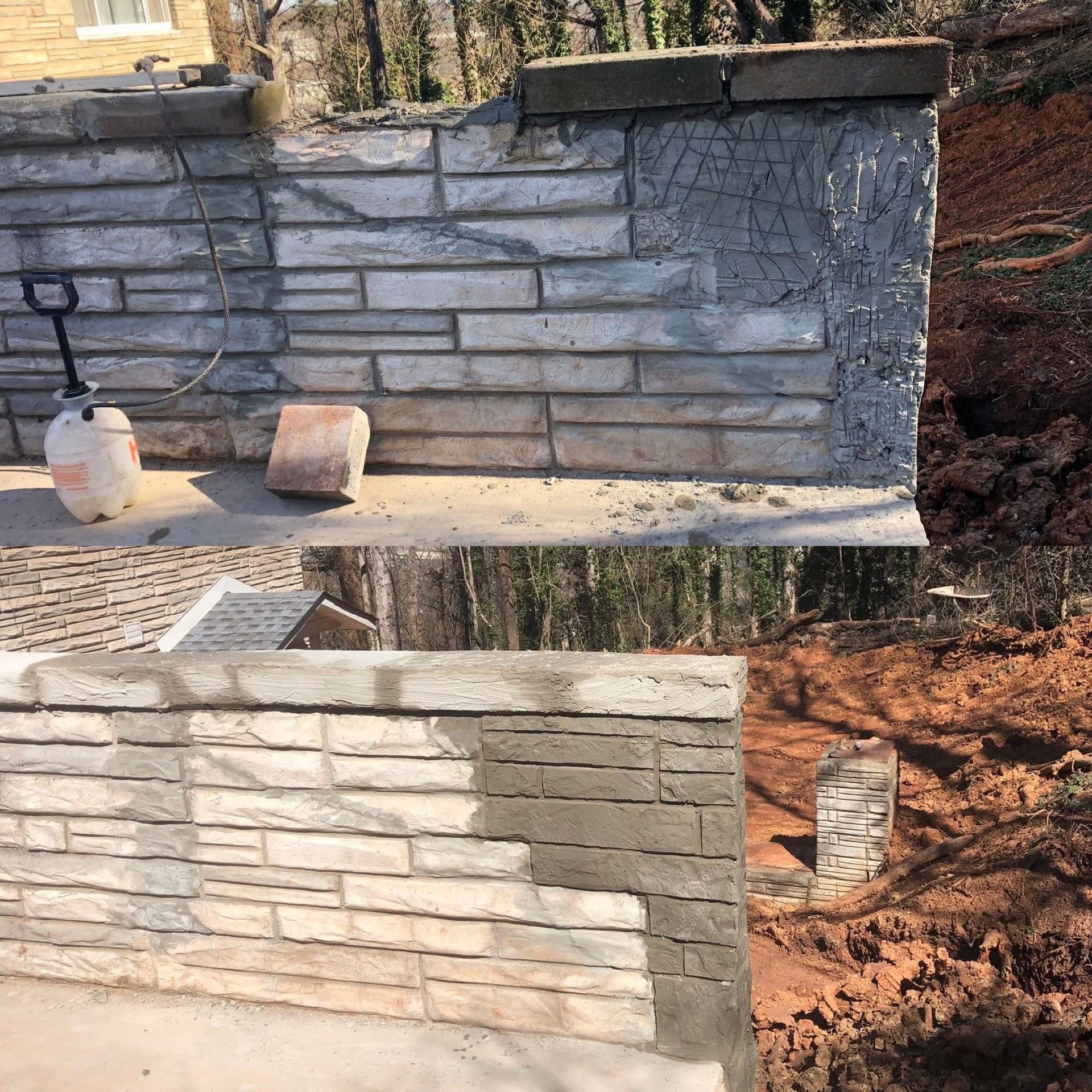 Stone retaining wall under construction; partially mortared, featuring a spray bottle and brick on a concrete base.