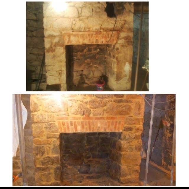 Before and after of a stone fireplace, showing repair. Top: worn stone and brick. Bottom: repaired stone and brick.