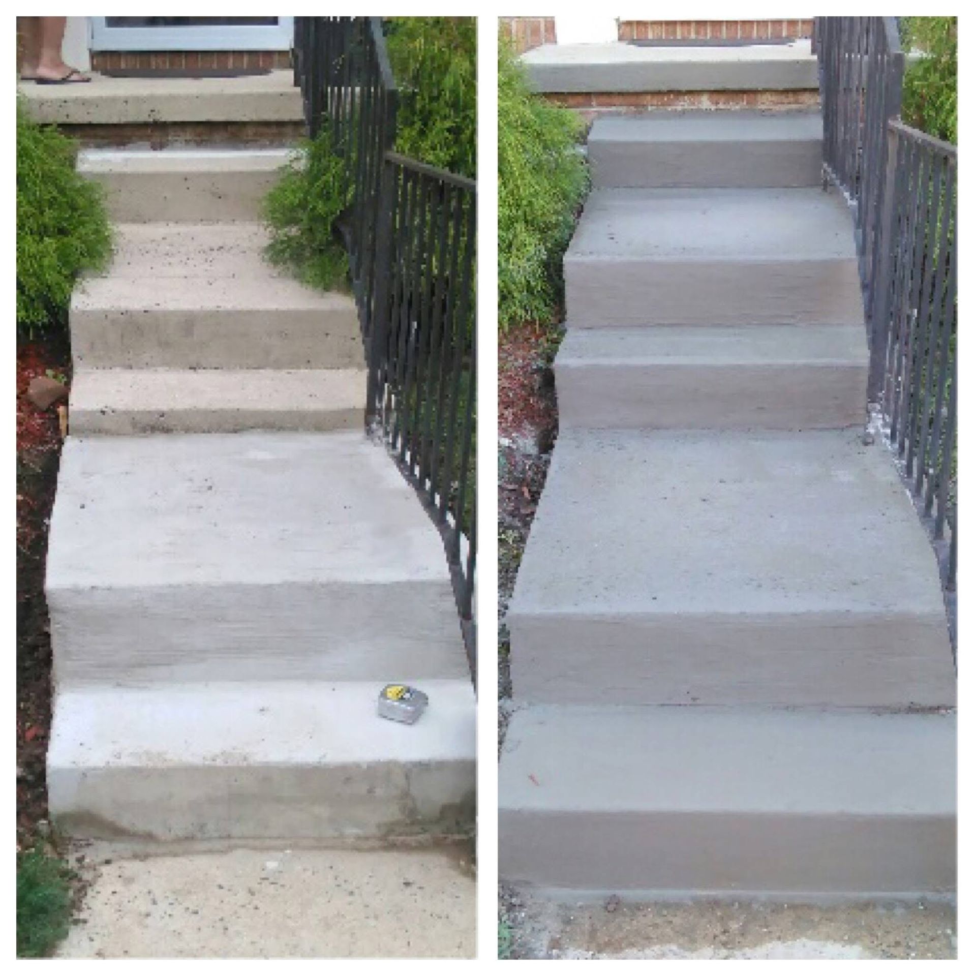 Before-and-after of concrete steps, left side shows worn steps, right side shows new, smooth concrete.