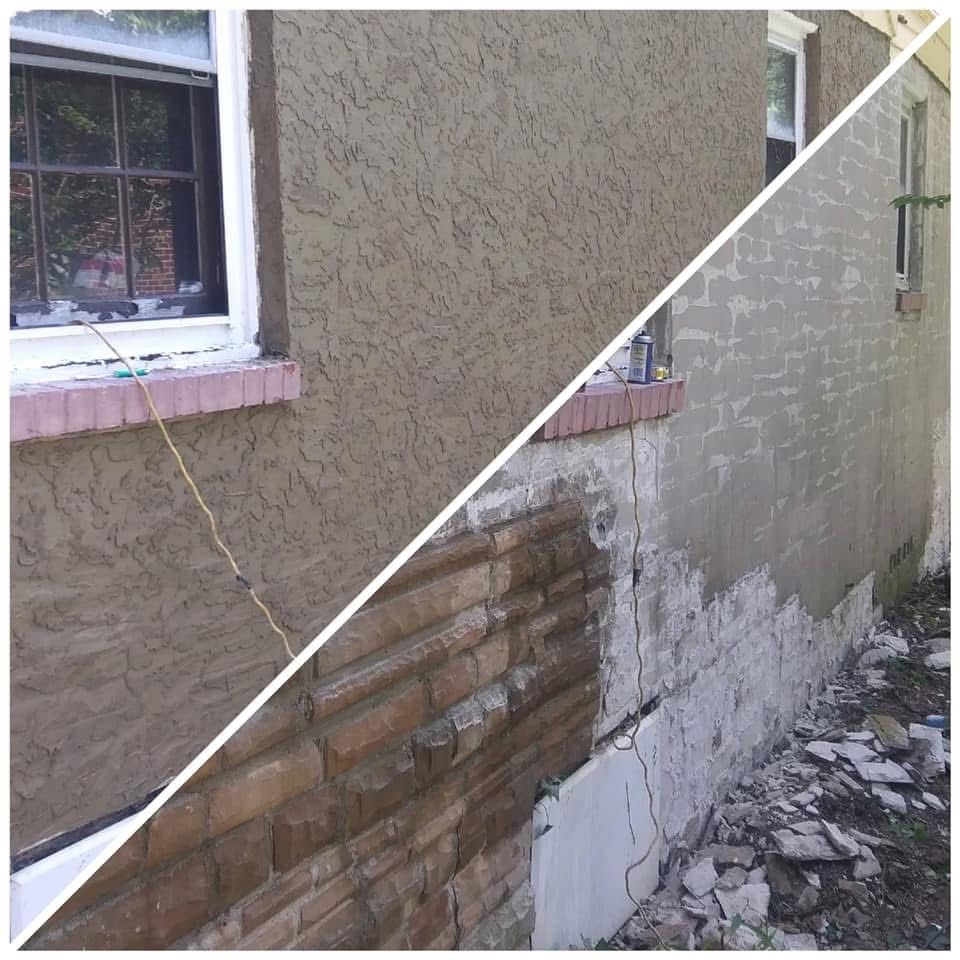Half-and-half view of a building's exterior: stucco finish on left, exposed brick and damaged foundation on right.