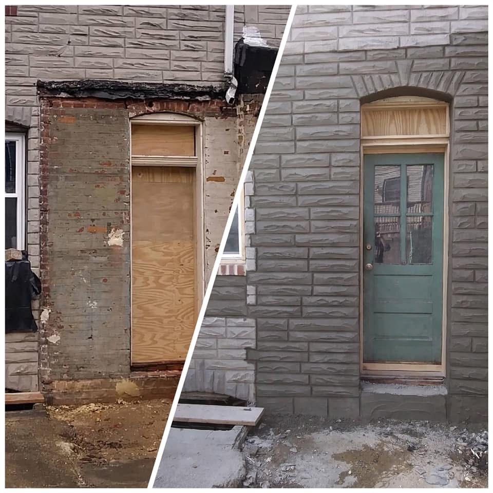 Before-and-after of a doorway renovation. Old brick and damaged wall to new stone facade with green door.