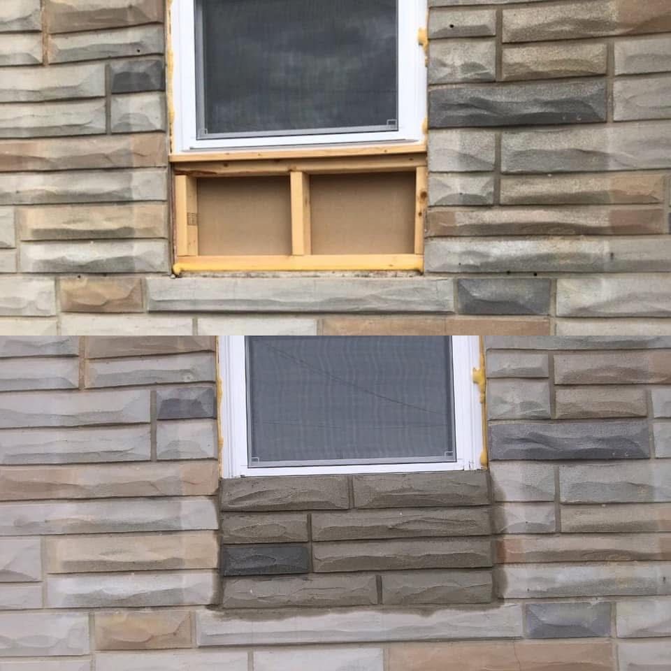 Two images showing before/after window repair on stone building. Stone patched around the window frame.