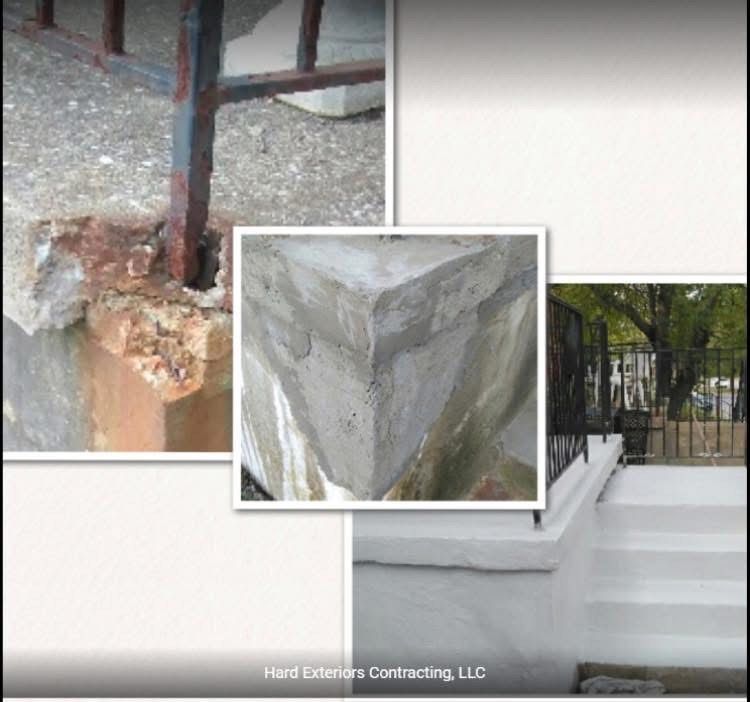 Concrete restoration showing repaired railing base, corner, and stairs with rust, and white paint.