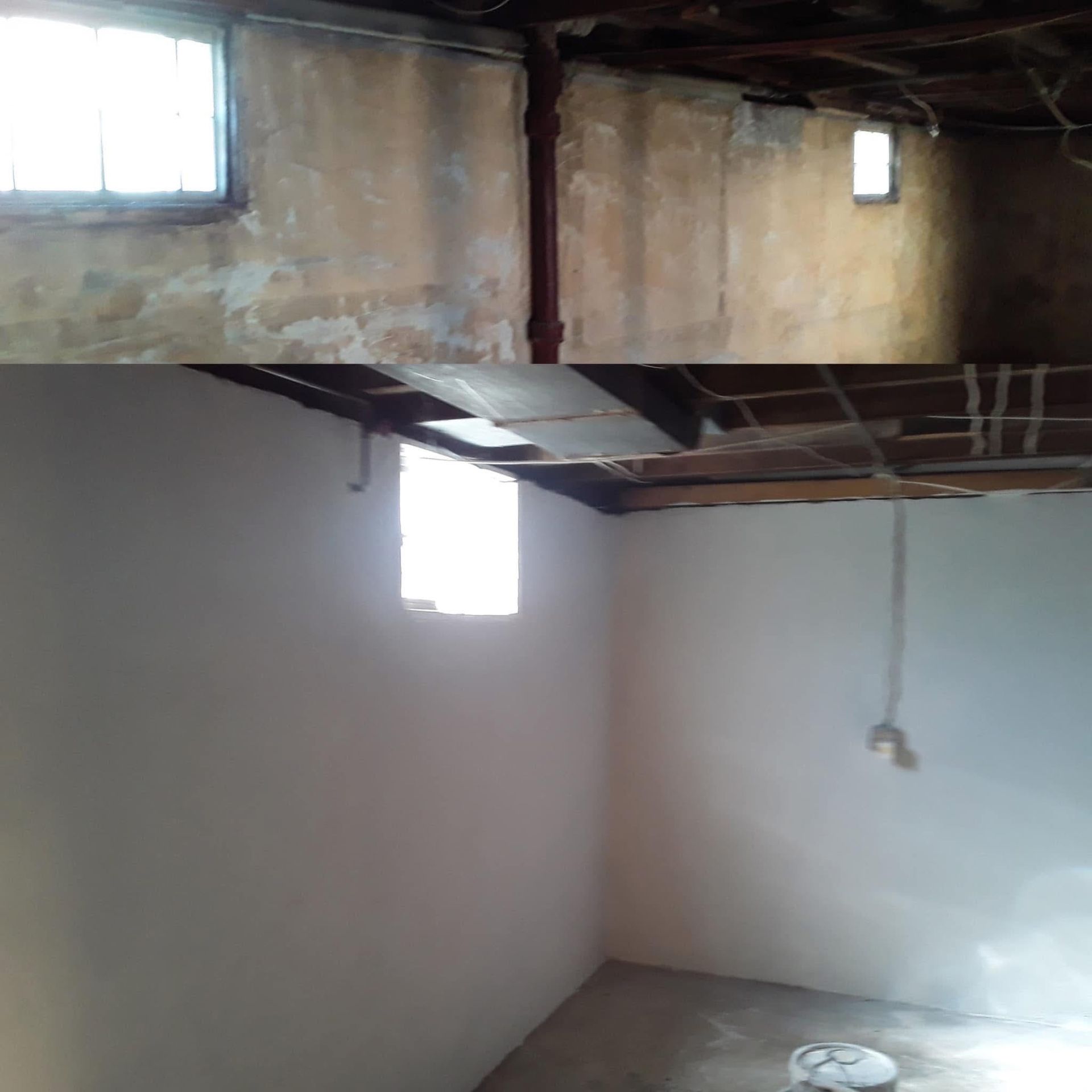 Basement before and after renovation: dingy walls, small windows, then bright white walls and cleaner appearance.