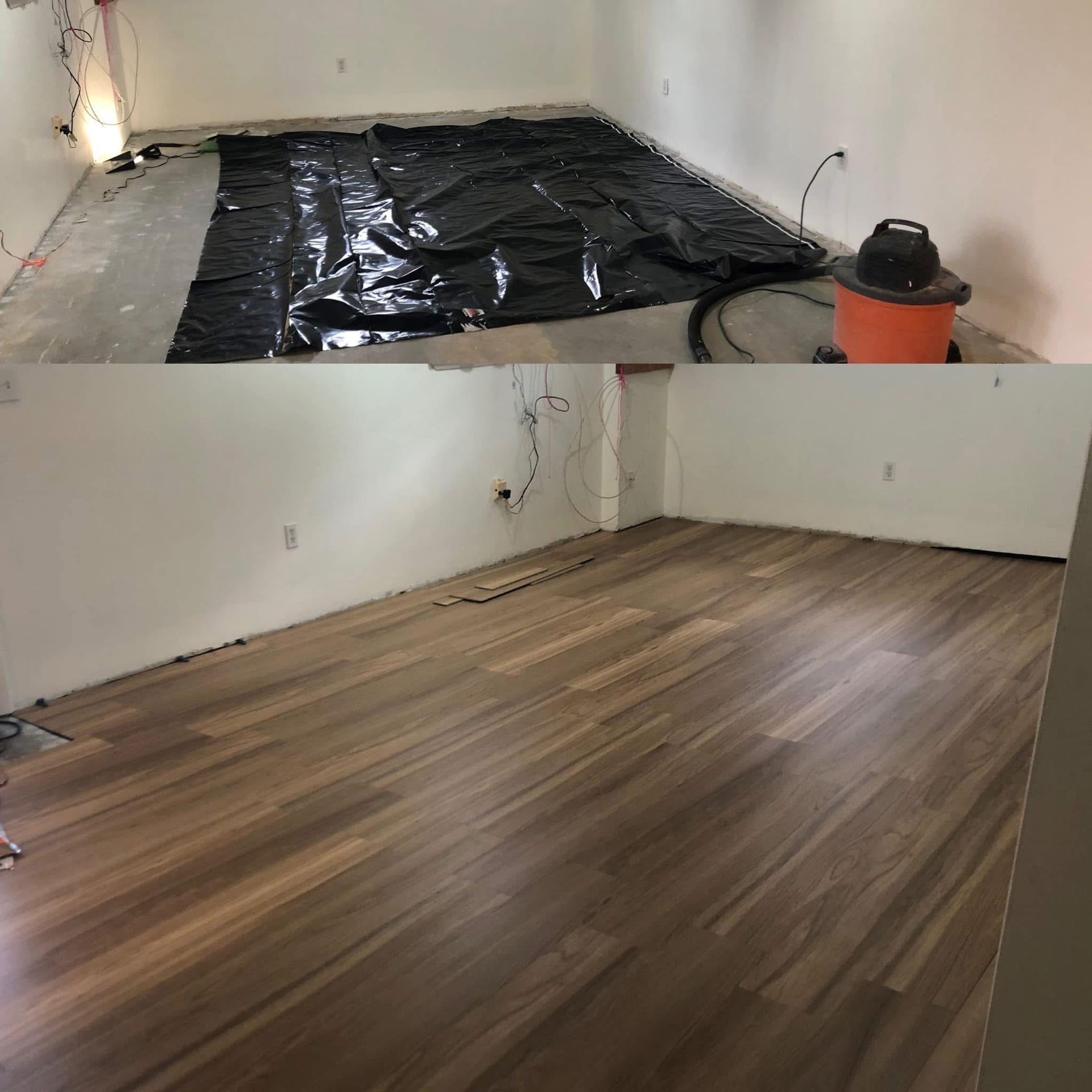 Before and after of a room with hardwood flooring. Top: Black tarp on concrete floor. Bottom: New wood flooring installed.