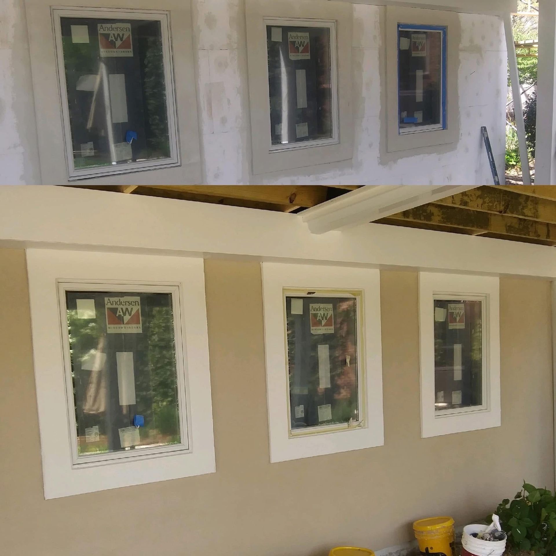 Three windows before and after a remodel. Cream colored trim on beige siding, under a white eave.