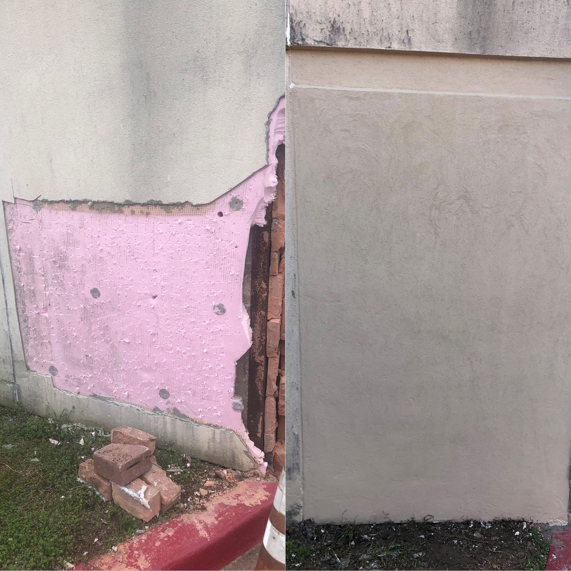 Before and after photos of exterior wall repair; damaged section with pink insulation, then smooth, repaired wall.