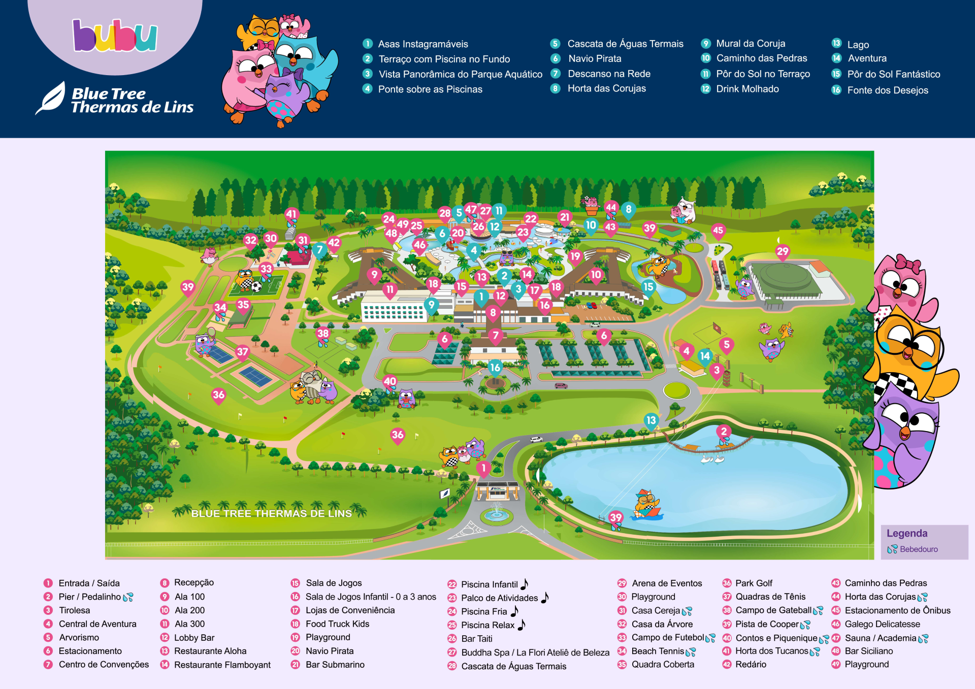 Uma vista aérea de uma estância termal com um lago no meio