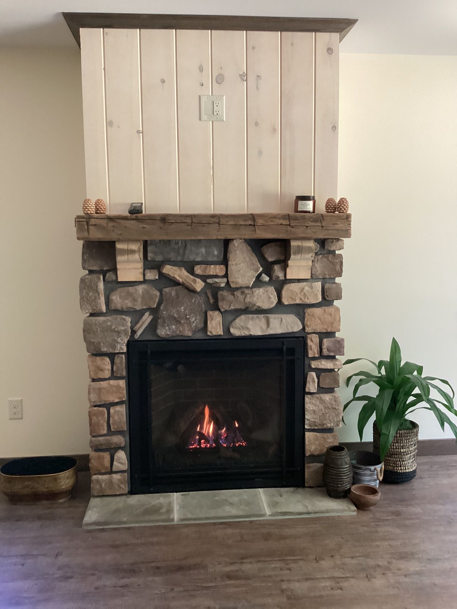 Fireplace with stone surround, wooden mantel, lit fire, and decorative plants on floor.