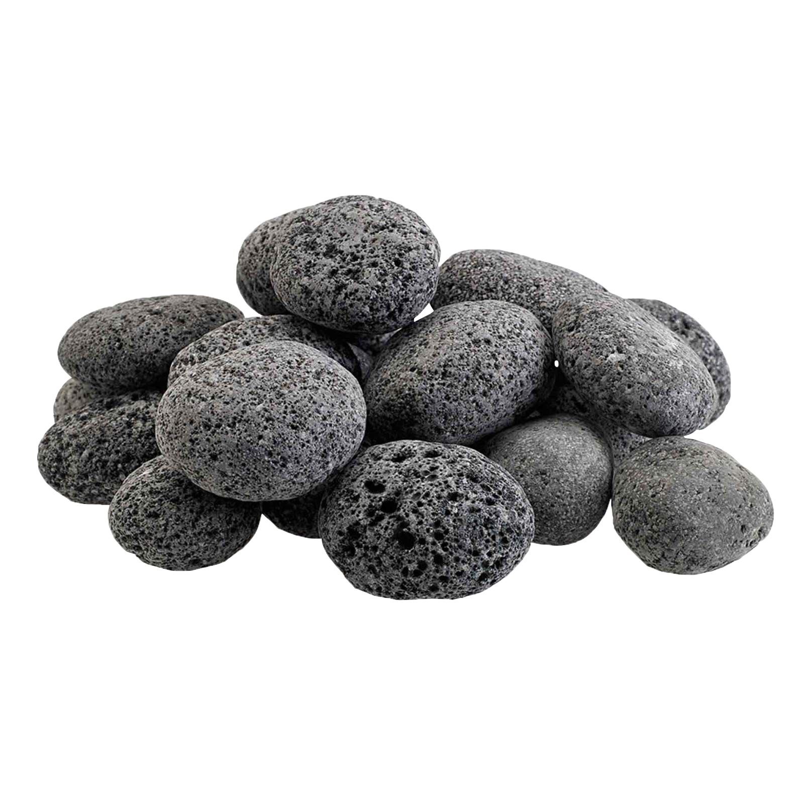 A pile of black lava rocks on a white background.