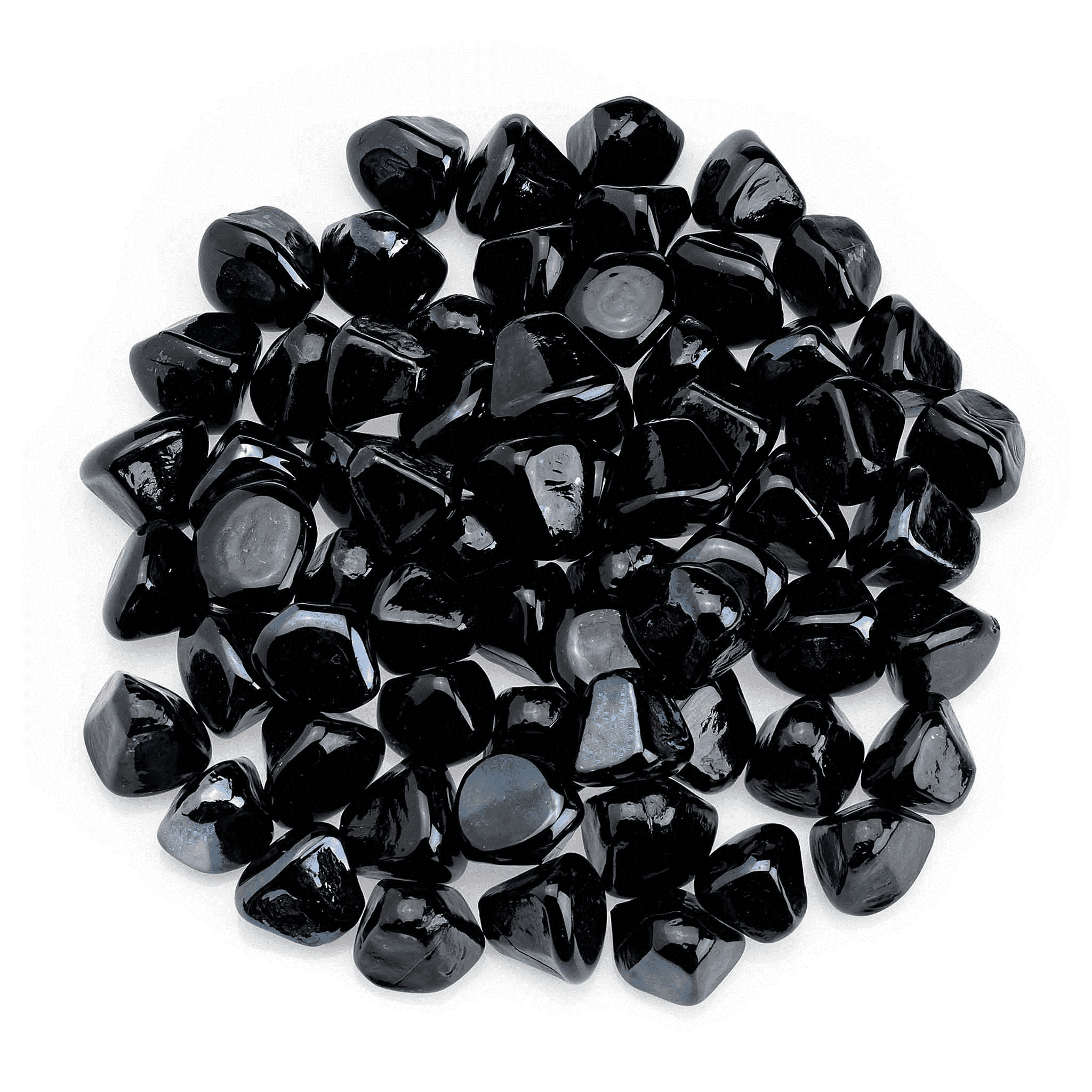 A pile of black rocks on a white background.
