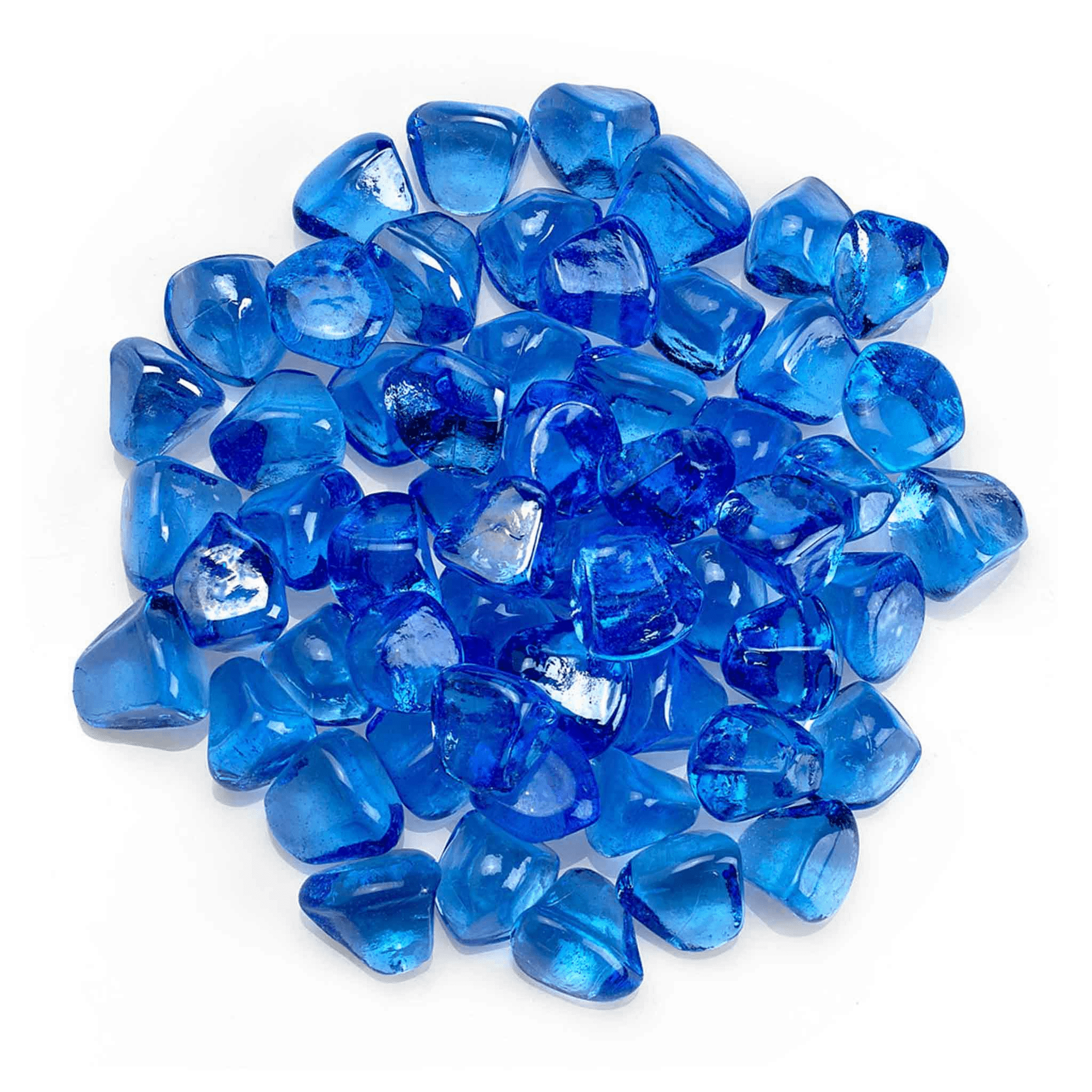 A pile of blue glass rocks on a white background.