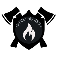 Hill County ESD 1 logo with fire symbol, axes, and text.
