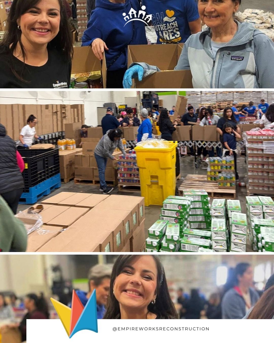 Volunteers sort donations outside. People in various clothes, examining food items in boxes. Sunny, daytime.