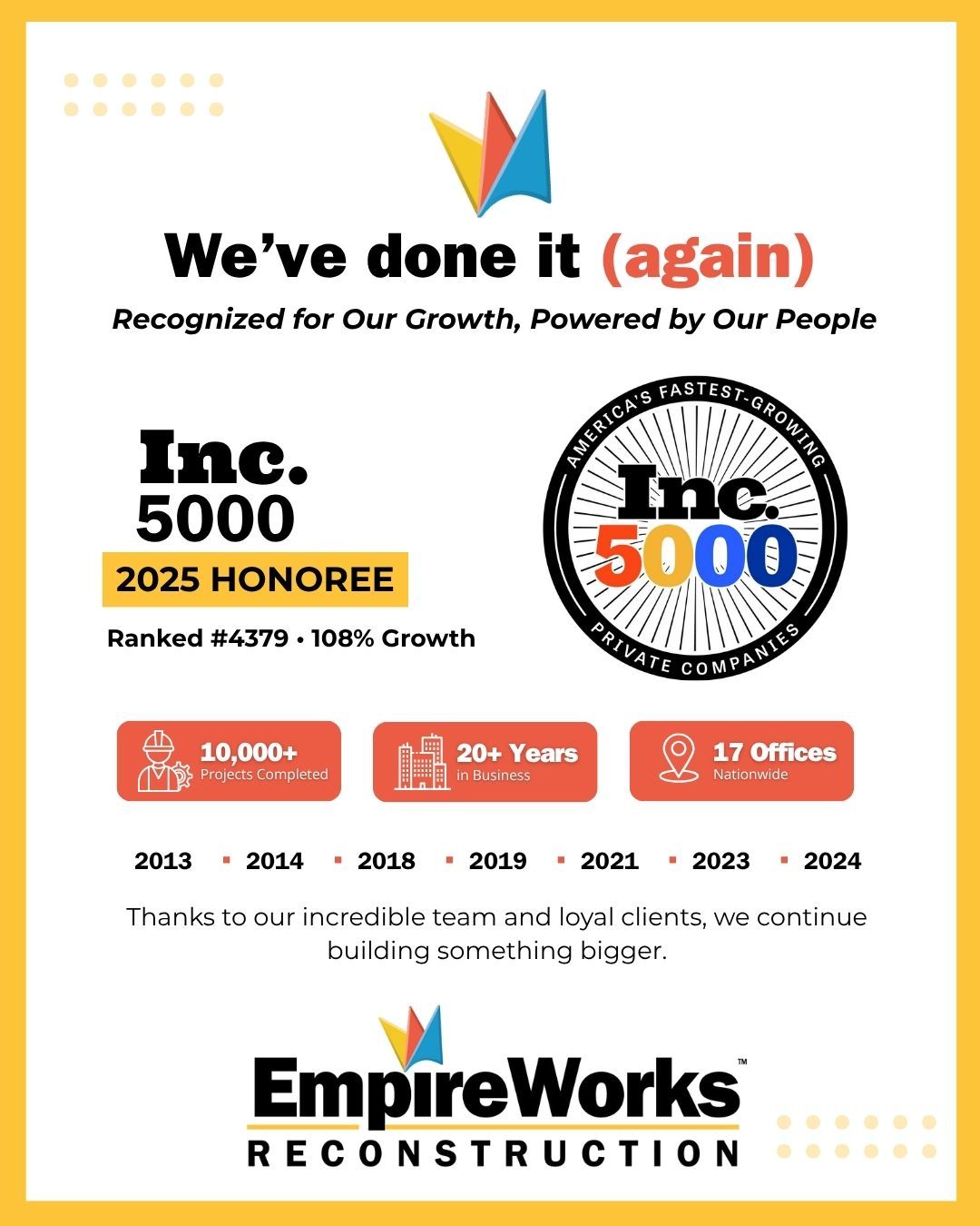 EmpireWorks Reconstruction Inc. 5000 honoree, recognized for growth. Features logo, stats, and years of recognition.