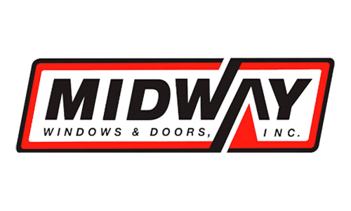 The logo for midway windows and doors inc. is red and white.