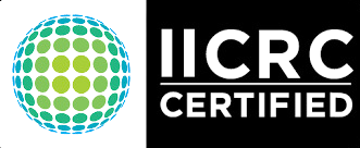 A logo for iicrc certified shows a globe with green and blue dots.