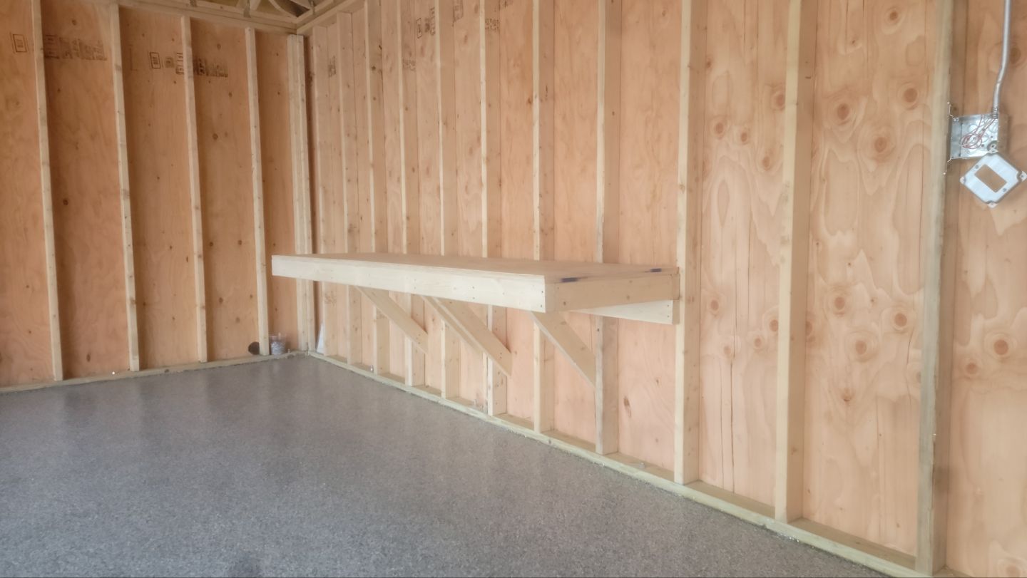 A wooden wall with a shelf on it in a garage.