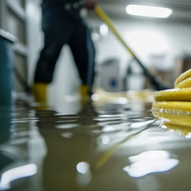 A person is cleaning a flooded floor with a yellow hose