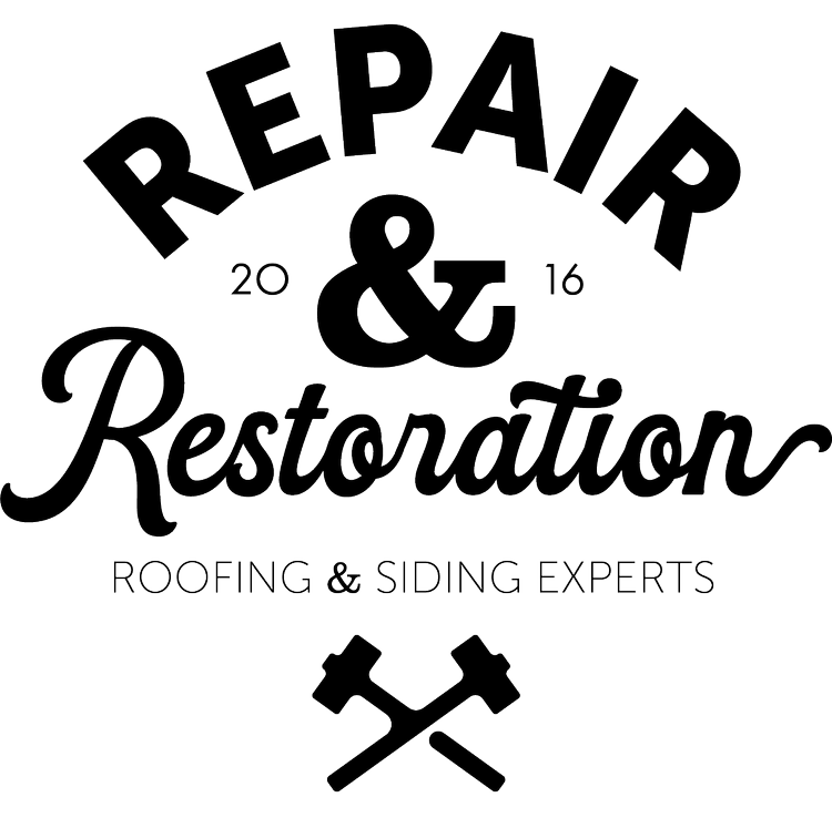 A black and white logo for repair and restoration roofing and siding experts.
