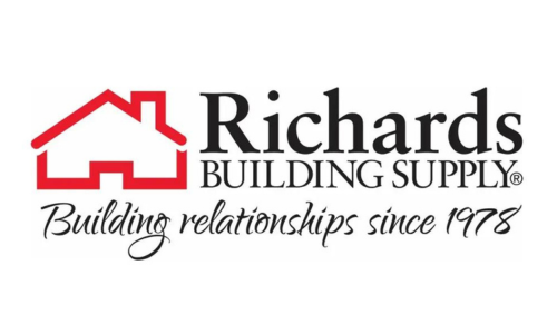 The logo for richards building supply shows a house with a red roof.