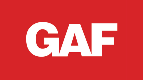 A red background with the word gaf in white letters.