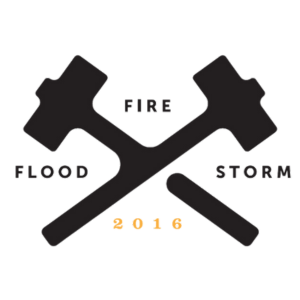 A logo for a fire and flood storm in 2016