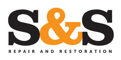 A black and orange logo for s & s repair and restoration