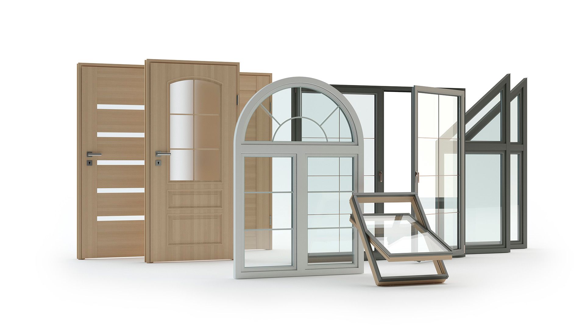 Un grupo de diferentes tipos de puertas y ventanas sobre un fondo blanco.
