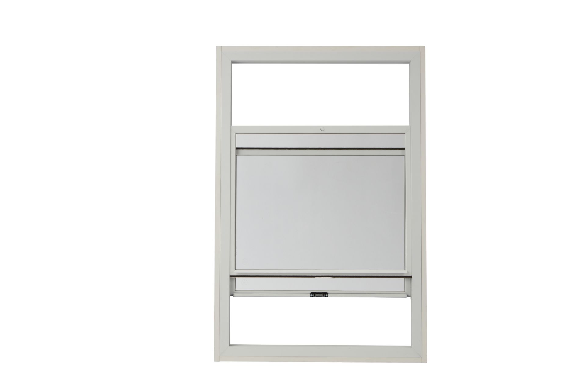 A white window with a sliding screen on a white background.