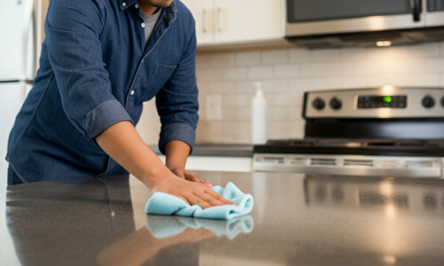 Woman cleaning a kitchen, via house cleaning services in Parma Ohio.