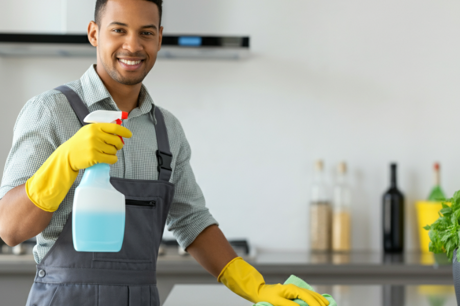 Woman cleaning a kitchen, via house cleaning services in Parma Ohio.