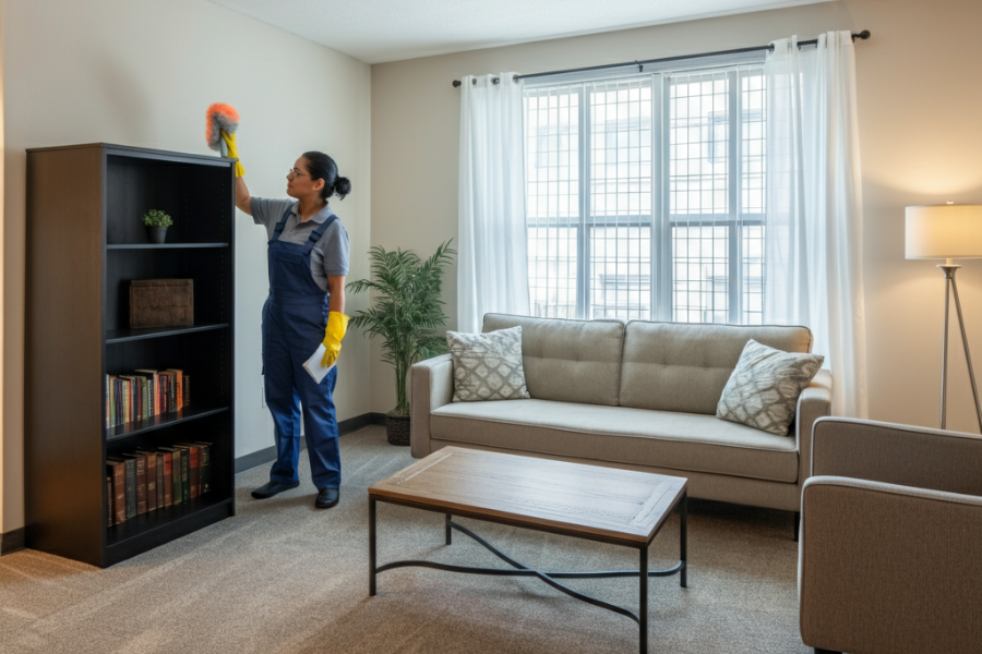 Woman cleaning a kitchen, via house cleaning services in Parma Ohio.