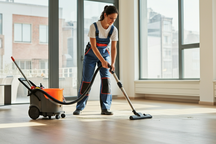 Woman cleaning a kitchen, via house cleaning services in Parma Ohio.